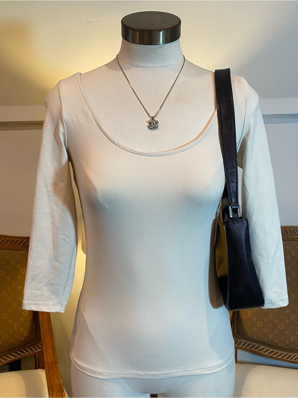 bebe Cream Scoop Neck Top with Crisscross Back & Three-Quarter Sleeves, Size M